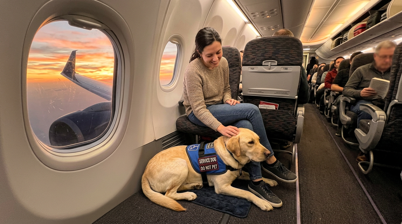 Dog lying in airplane cabin