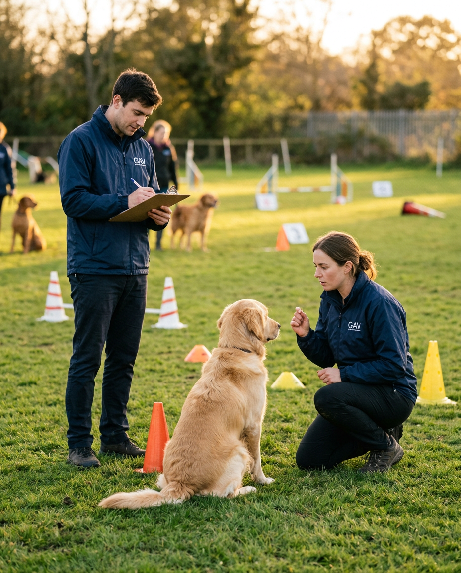 GAV trainers evaluating a service dog on the training field