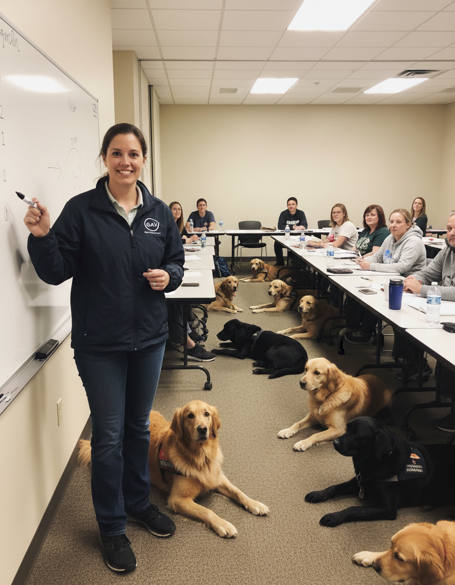 GAV instructor teaching a class with service dogs