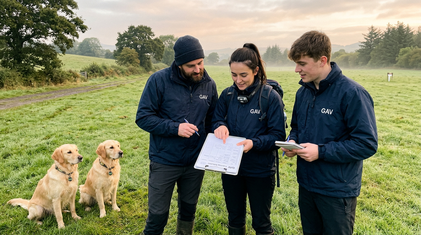 Team walking with service dogs