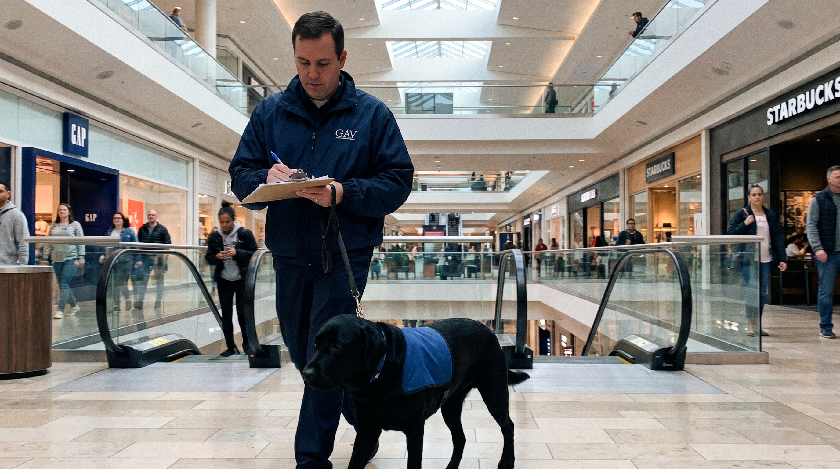GAV trainer evaluating dog in mall