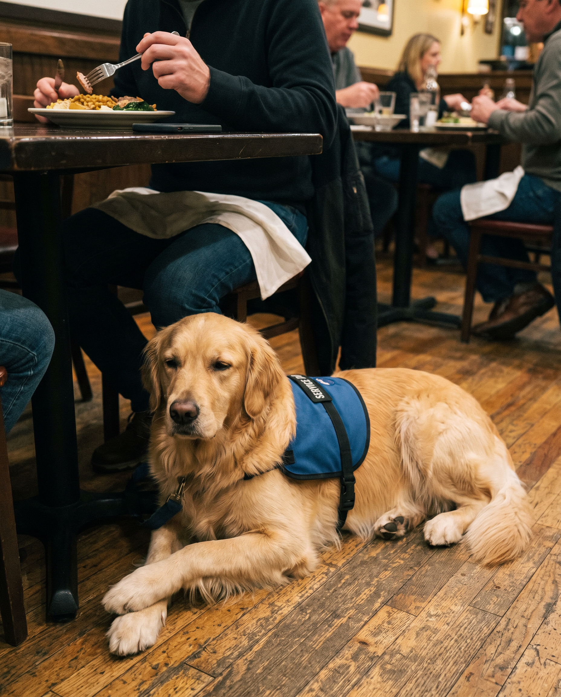 Service dog lying calmly under restaurant table