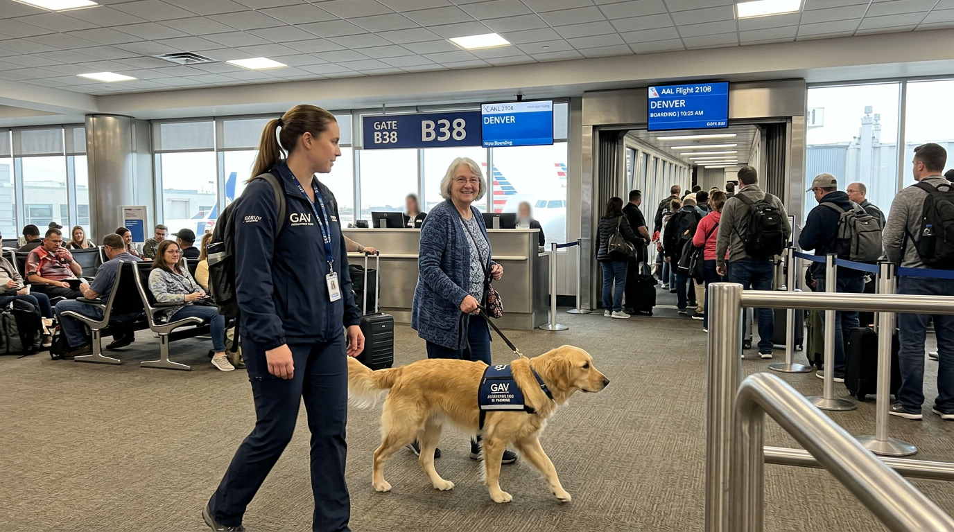 GAV trainer with client at boarding gate