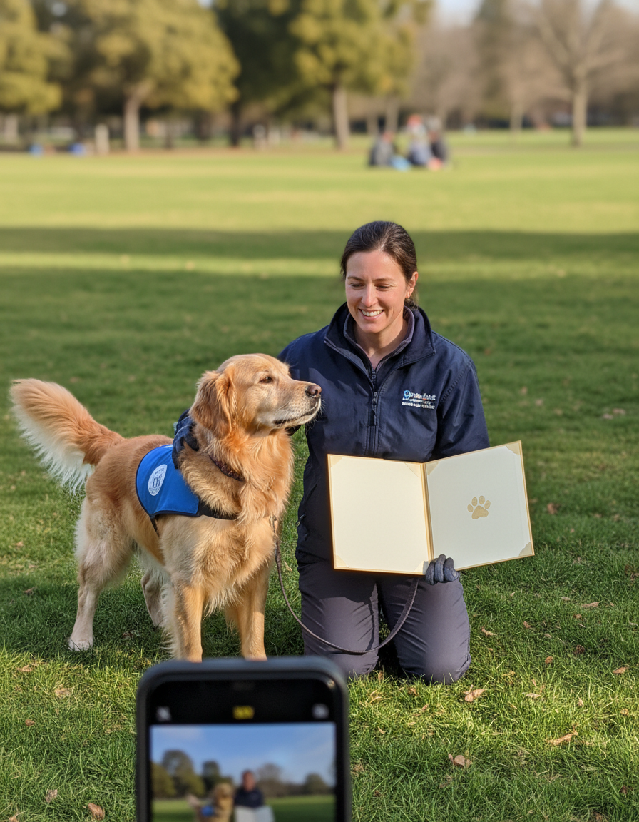 Trainer with dog holding certificate